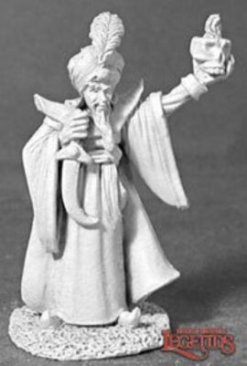 02426 Aziz Al-Jawar, Male Human Wizard, is a miniature model in 25mm heroic scale from the Reaper Dark Heaven Legends range. Sculpted by Bobby Jackson.