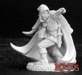 02873 Arran, Half Elf Rogue is a miniature metal model in 25mm heroic scale from the Reaper Dark Heaven Legends range. Sculpted by Bobby Jackson.