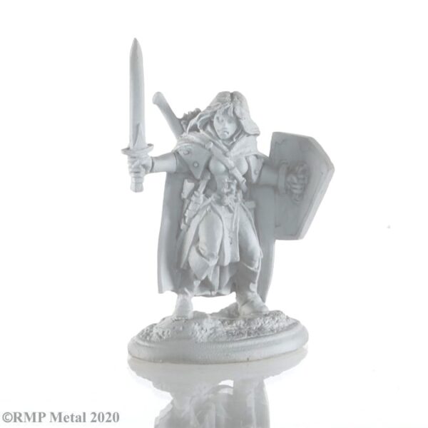 Aeowyn Silverwood is a model in 25mm heroic scale from the Reaper Dark Heaven Legends range. Sculpted by Bob Ridolfi. Cast in pewter, supplied unpainted