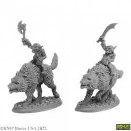 7041 : Goblin Wolf Riders (2). High quality plastic miniature suitable for wargaming and fantasy tabletop rpg games.
