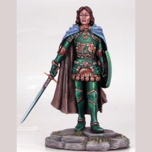 A male human knight standing still. He is wearing full plate armour which is decorated with images of flower blooms. A three quarter length cloak covers his back. In one hand he holds a heater shaped shield. The other holds his sword at waist height, gently pointing downward.