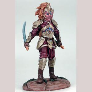 A male elf fighter standing still. He wears a close fitting robe, over which he has pieces of ornate plate armour. An elaborate open faced helmet covers his head. He holds a fine bladed scimitar sword in both hands, using reverse grip.
