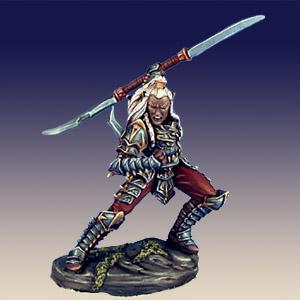 A male dark elf fighter turning to attack. He wears close fitting clothes. Over those he has an almost full set of plate armour. The armour is ridged and spiked on it's edges. One hand is in front of his and clenched into a fist. His other hand is outstretched behind him and holds the centre shaft of a double bladed pole arm.