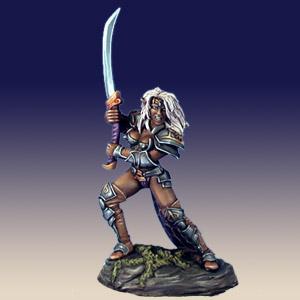 A female dark elf fighter turning towards a foe. She wears knee high boots and many separate pieces of ornate plate armour. Using both hands she holds onto the hilt of an upright, slightly curved sword.