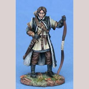 A male human ranger standing still. He is dressed in a short tunic, trousers, boots and a long sleeveless fur over jacket. In one hand he holds the end of a long bow, it's other end touching the ground. His other hand rests on the hilt of his sheathed sword. A quiver of arrows is strapped to his back.