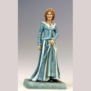 A middle aged human female standing still. She is dressed in fine, floor length robes.