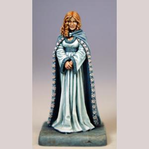 A young human female noblewoman standing still. She wears a fine, long flowing robe and a floor lenth cloak that covers her shoulders, Her hands are clasped together in front of her.