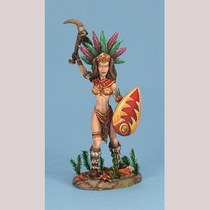 A female human amazon fighter advancing. She is scantily clad with only a bikini top, thong and calf high boots. On one arm he holds a shield. The other is raised high above her head, and holds a curve bladed striking weapon. She also wears a striking headdress made from feathers.