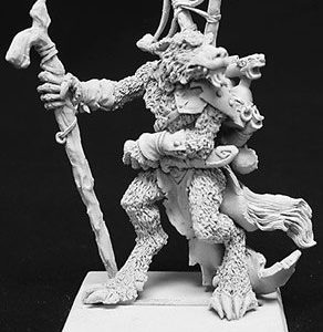 A male gnoll / werewolf standing still. He wears a loincloth, one pauldron and a backpack. One hand holds a knarly wooden staff. The other rests on the hilt of his waist mounted dagger.