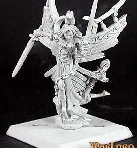 The figurehead and prow section of a sailing ship come alive and advancing. The figurehead holds a sword in each hand with the prow section on her back, stretching out like wooden wings.
