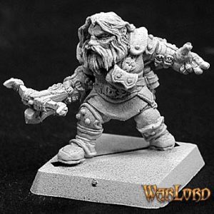 A bearded male dwarf rogue advancing. He is wearing a patchwork of clothing, straps, small pieces of armour and a pair of stout boots. A small quiver and sheathed short sword are strapped to his back. In one hand he leads with a crossbow. His other hand is outstretched, but empty.