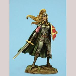 A female human paladin standing still. She is clad in plate armour with a small round shield held close to her body. She is also wearing a open faced helmet and a three quarter length cloak. In one hand she holds her sword, gently pointing down towards the ground.