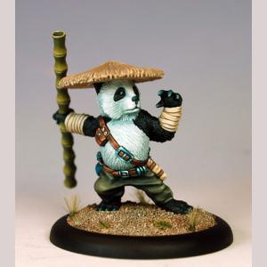 An anthropomorphic panda monk standing defensively. He wears a wide straw hat, trousers and holds a bamboo staff in one hand.