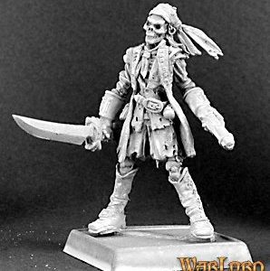 A standing undead skeleton pirate holding a sword in each hand. He wears a collection of short tattered clothing, boots and a scarf tied around his head.