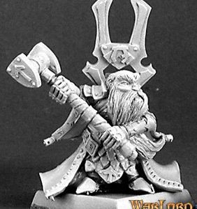 A bearded male dwarf paladin turning to meet a foe. He is wearing a scale mail vest, bracers and armoured shoes. Over this he wears a fine open robe that swirls about him as he turns. He wears a backpack with an elaborate crest on top of it. Using both hands he holds a large warhammer, ready to strike.