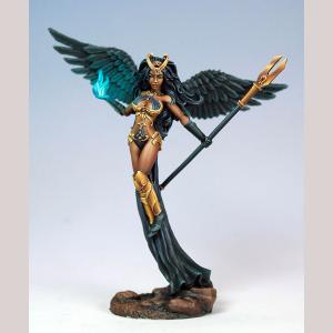 A winged female human mage rising gently into the air. Her long cloak reaches down to the ground. She wears greaves, boots and a tight fitting ornate bodice. In one hand she holds a long slender staff. He other hand holds a ball of magical spellfire.