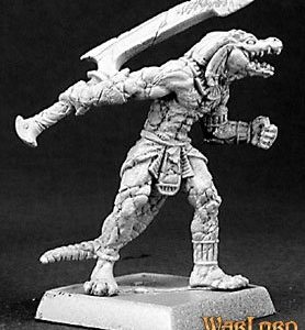 A crocodile headed humaniod advancing. He is mostly scaley skin apart from a short loincloth and egyption style headdress. He carries an long bladed khopesh style sword in reverse grip behind his back.