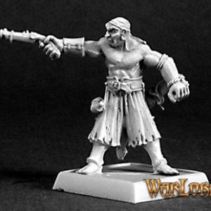 A male human pirate firing a flintlock pistol. He is bare chested but wears a loose pair of calf length trousers, and a scarf on his head.