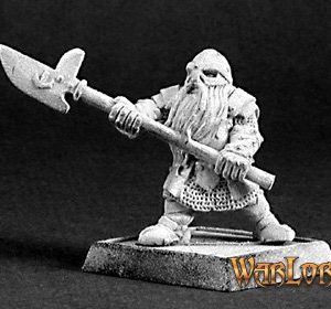 A bearded male dwarf fighter standing defensively holding a halberd. He is wearing chainmail armour with a tunic over the top. He has bracers on each forearm, and a helmet protecting his head. He holds a halberd out in front of him with both hands.