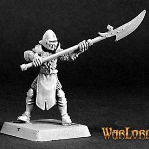 A male human fighter standing defensively. He is dressed in full plate armour and a helmet. A tabbard robe covers the front and back of his body. Both his hands are holding the shaft of a long bladed halberd. It slopes gently upwards out in front of him.