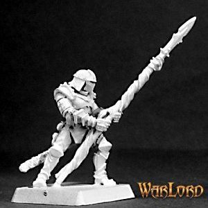A male human fighter standing defensively. He is wearing full plate armour and a helmet. A sheathed longsword is strapped to his waist. He holds a spear in front of him with both hands. The shaft end of the spear is touching the ground.