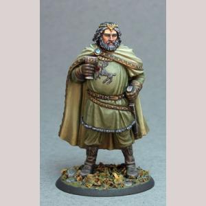 A large, beared male human holding a goblet. He is dressed in fine robes, trousers and knee high boots. An ornate cloak covers his back. His other hand rests on the hilt of his sheathed sword.