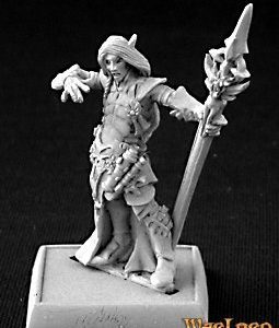 A male elf wizard standing still while casting a spell. He wears a mixture of light armour and a back skirt like robe. Heavy gauntlets cover his hands, and his hair is long, falling down his back. In one hand he holds a spear like staff. His other hand is empty, but engaged with the spell casting.
