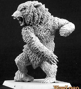 A huge dire bear standing upright on its hind legs. Both it's front paws have their claws out and are ready to swipe.