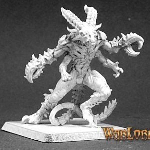A large and horrific demon advancing. It's head is goat like with two long horns on top. It has two larger arms that end in crab like pincers. Under these are two smaller, more human like limbs. Its tail is ling and covered in barbed scales.
