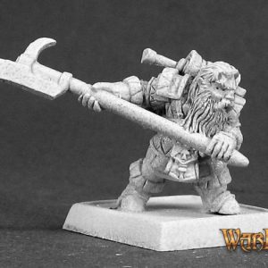 A bearded male dwarf fighter advancing. He has a pack strapped to his back, He is wearing partial armour and carries a long bladed pole arm with both hands.