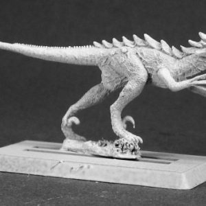 A vicious looking raptor running forward. It has long back legs, small fore limbs and a mouth full of sharp teeth.