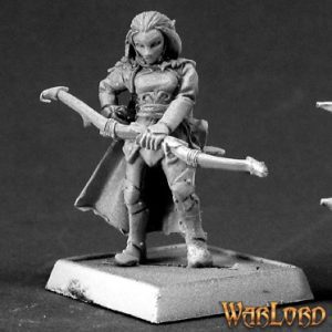 A female elf ranger holding a long bow in front of her. She wears a short tunic, trousers and greaves. A cloak covers her back and a quiver of arrows is hung at her hip.
