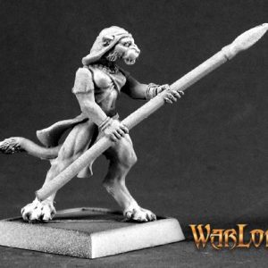 An anthropomorphic female catfolk fighter advancing with a spear. She wears light, close fitting clothing including a short loincloth and headcloth. She holds a long spear in both hands.