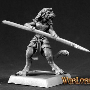 An anthropomorphic female catfolk fighter turning. She is wearing a close fitting tunic and short skirt in the egyptian style. Using both hands she holds a long spear in front of her.