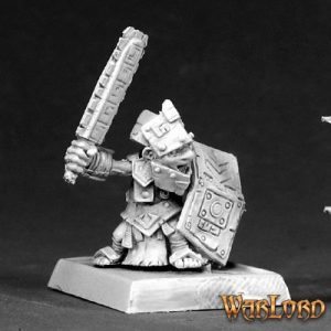 A male gnome fighter standing defensively. He is wearing metal armour. He carries a large shield in one hand, and a sword in the other. His whole appearance is aztec in style.