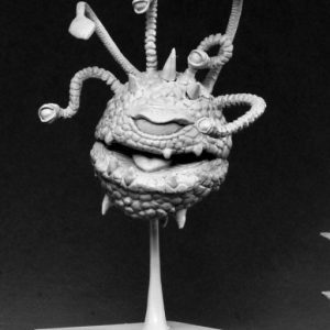 A large floating eye beast. It has eyestalks and tentacles sprouting from the upper side of its spherical head. A single central eye and a wide mouth filled with sharp teeth.