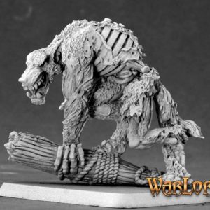 An undead werewolf climbing on a broken wooden ships mast. It's skin is torn and generally looks decrepid as it turns to snarl at a new foe.