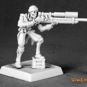 An undead skeleton pirate. He is dressed in ragged pirate garb, including a scarf on his head. He has one foot raised on a small crate. Using both hands he is aiming a long rifle with a telescope attached to the top of it.