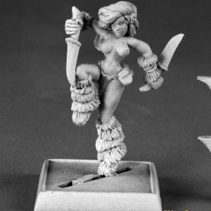 A female human barbarian marching forward. She is naked apart from a bikini bottom and a pair of large fur boots. She holds a long hunting knife in each hand.