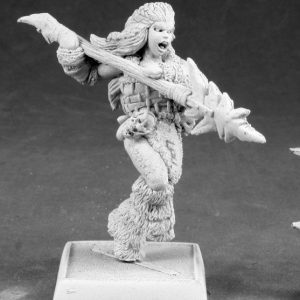 A female human barbarian advancing with her spear raised, ready to strike. She has a woven bodice and a pair of large furr boots.