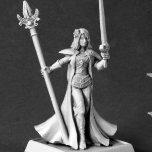 A female human wizard standing still. She wears close fitting plate armour and a full length robe that is open at the front. Also a pair of large pauldrons and bracers on each arm. In one hand she holds a tall staff. In the other an upright sword.