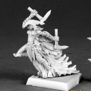 A female dark elf rogue running forward. She is dressed in thin strips of material wrapped around her arms, legs and chest. Her head is protected by a curving helmet, and a ragged cloak billows out behind her. She holds a bladed stabbing weapon in each hand.