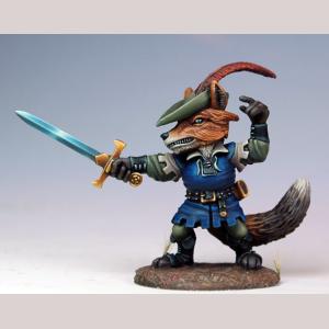 An anthropomorphic fox dressed in the style of robin hood. He is standing in an 'on guard' pose with his sword raised.