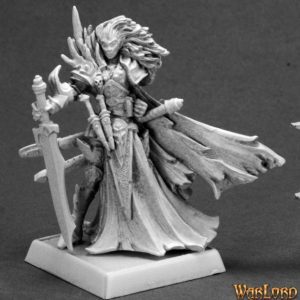 A male dark elf fighter standing still. He is dressed in flowing robes and a cloak. A spiked pauldron sits on one shoulder while twin daggers are fastened to his belt.