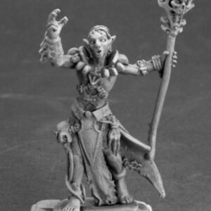 A male dark elf wizard standing while casting a spell. He is lightly dressed with a tooth necklace and simple skirt. One hand is holding his skull topped staff. The other is raised in spell casting.