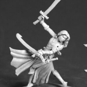 A female human fighter attacking. She is wearing a close fitting bodice and long flowing skirt. She weilds a hook tipped sword in each hand. One is above her head, the other across her body.