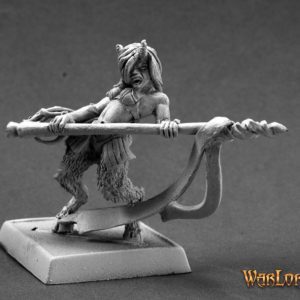 A satyr standing still and holding a spear horizontally across his body.