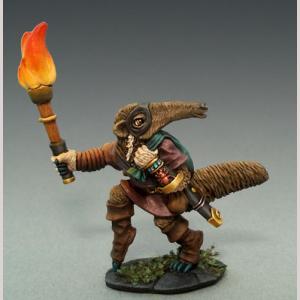 An anthropomorphic anteater rogue walking on tip toe while looking behind him. He wears a simple tunic and carries a sack over one shoulder. His other arm is stretched out in front of him and holds a flaming torch to light his way.