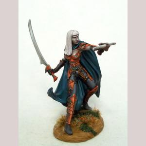 A female dark elf fighter standing with one foot on a rock. She is wearing tight fitting clothes. Ornate greaves cover her shins, while a cloak swishes around her back. In one hand she holds a upright thin bladed sword. Her other arm is extended and holds a single handed crossbow, pointed at some distant foe.