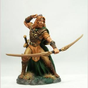 A bearded male human ranger standing, having just fired an arrow from his bow. He has stout leather armour pauldrons and chest pieces protecting his upper body. He is also wearing trousers, calf high boots and a mid length loincloth. In one hand he holds his bow, low in front of him. His other hand is higher having just released the arrow.